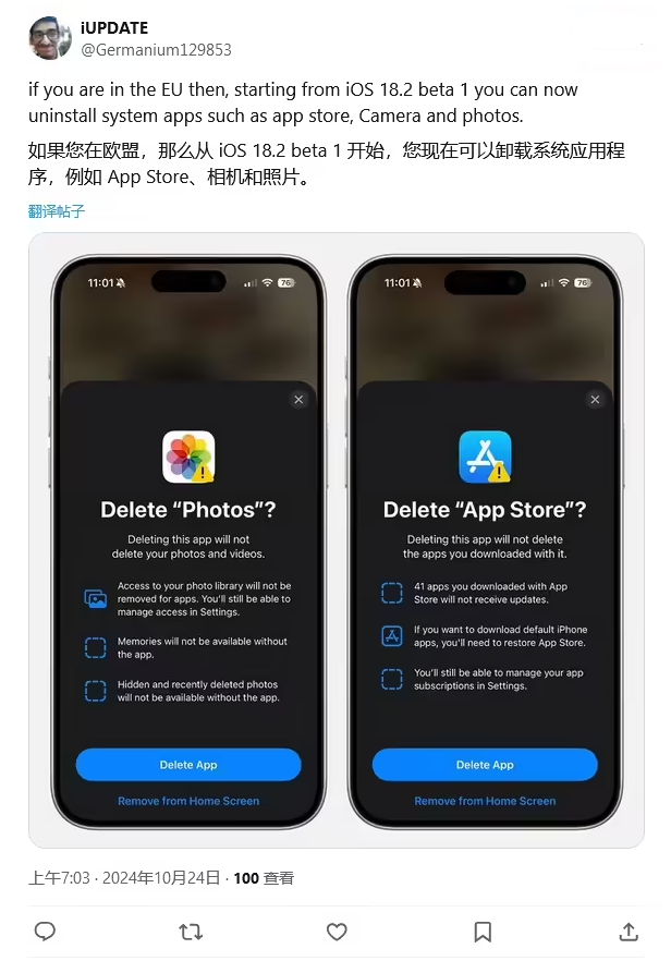 萨嘎苹果手机维修分享iOS 18.2 支持删除 App Store 应用商店 