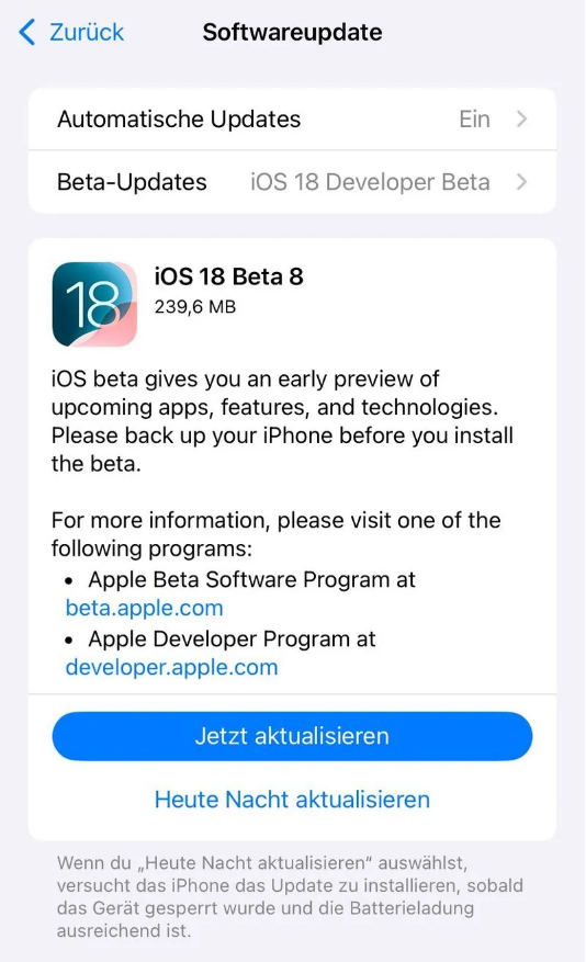 萨嘎苹果手机维修分享苹果 iOS / iPadOS 18 开发者预览版 Beta 8 发布 